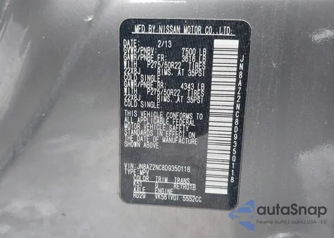 2013 Infiniti Qx56 z USA, uszkodzony, nr VIN JN8AZ2NC8D9350118